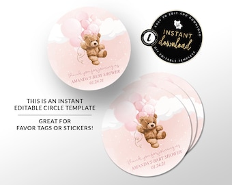 Pink Teddy Bear Circle Tag, We can Bearly Wait Sticker Design, Teddy Bear Baby Shower, Instant Download, Editable Sticker Download