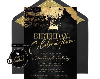 Black and Gold Invitation, Black and Gold Faux Foil Invite, Black and Gold Birthday, Gold Invitation, Instant Self Edit Digital Templett