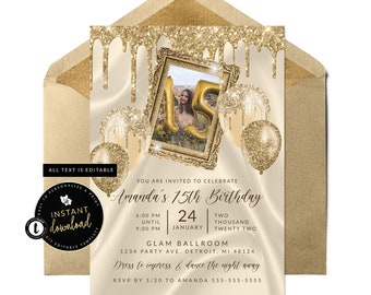 Cream and Gold Invitation, Glam Birthday Invitation, Glitter Drip Invitation, Gold Birthday, Golden Birthday, Instant Templett Invite