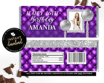 Purple and Silver Candy Bar Label, Tufted Candy Label, Printable Candy Bar Label , Purple Birthday Favors, Birthday, Prom, Digital Templett