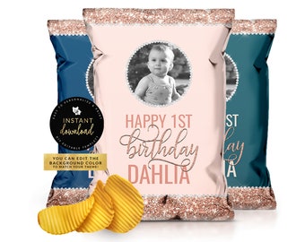 Bolsa de papas fritas de oro rosa, bolsa de papas fritas de oro rosa y diamantes, bolsa de refrigerio de oro rosa, bolsa de refrigerio con brillo, bolsa de papas fritas con brillo, recuerdo de cumpleaños, plantilla digital