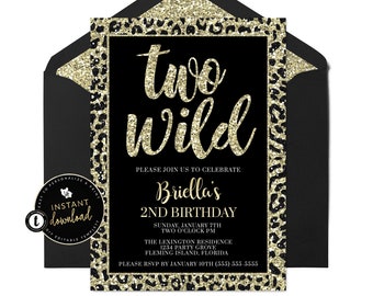 Two Wild Birthday Invitation, Cheetah Print Birthday Invitation, Faux Glitter Invitation, 2nd Birthday Invitation Girl, Templett Invitation