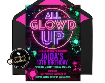May include: A neon pink and blue birthday party invitation with a black brick background. The invitation says "All Glow'd Up" in a neon circle with the text "Let's Glow Crazy & Celebrate Jaida's 13th Birthday" below. The invitation also includes the date, time, and location of the party.