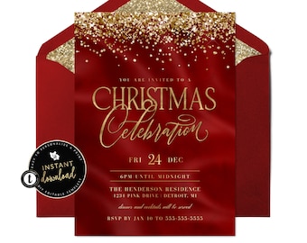 Elegant Red and Gold Christmas Party Invitation, Red Christmas Party Invite, Elegant Christmas Invitation, Xmas Digital Printable Templett
