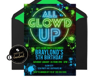 Glow Party Birthday Invitation, All Glow'd Up Invitation, Glow Party Invite, Neon Glow Party Invite, Instant Invitation Templett