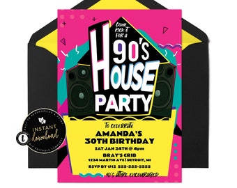 Rosa 90-tals husfestinbjudan, husfestinbjudan, 90-tals födelsedagsinbjudan, 90-talsfest, hiphopfest, digital mall direkt