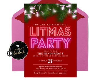 Pink and Red Christmas Party Invite, Litmas Party Invitation, Funny Christmas Party, Girls Christmas Party, Instant Templett