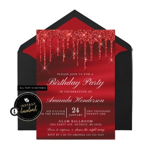 Dripping Red Invitation, Red Glitter Invitation, Glitter Drip Invitation, Red Birthday, Red Party Invitation, Red Birthday, Templett Invite image 1