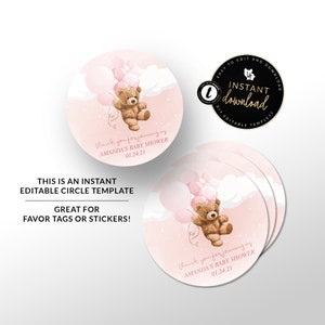 Pink Teddy Bear Circle Tag, We can Bearly Wait Sticker Design, Teddy Bear Baby Shower, Instant Download, Editable Sticker Download