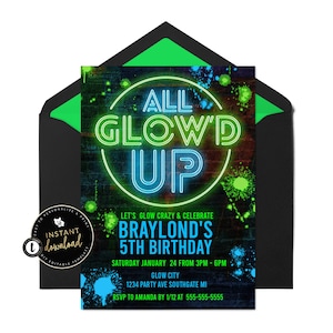 Glow Party Birthday Invitation, All Glow'd Up Invitation, Glow Party Invite, Neon Glow Party Invite, Instant Invitation Templett