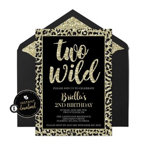 Two Wild Birthday Invitation, Cheetah Print Birthday Invitation, Faux Glitter Invitation, 2nd Birthday Invitation Girl, Templett Invitation