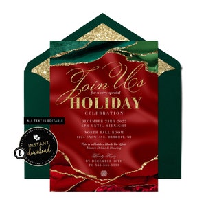 Op de afbeelding: Een rode en groene kerstfeestuitnodiging met gouden glitteraccenten. De uitnodiging luidt "Doe mee met ons voor een heel speciale kerstviering" en bevat details over het evenement, inclusief datum, tijd, locatie en RSVP-informatie.