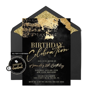 May include: Black and gold birthday party invitation with a gold glitter background and the text "Birthday Celebration" in gold lettering. The invitation includes the text "Join us in honor of Amanda's 15th Birthday" and details for the party, including the date, time, location, and RSVP information.