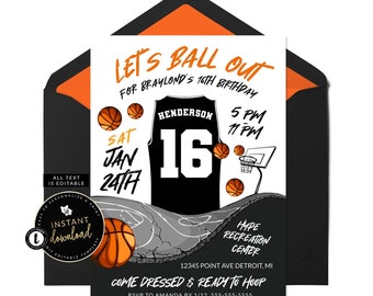 Faire-part de basket-ball, invitation d'anniversaire de basket-ball, invitation d'anniversaire de basket-ball, invitation de sport, invitation Templett modifiable instantanée