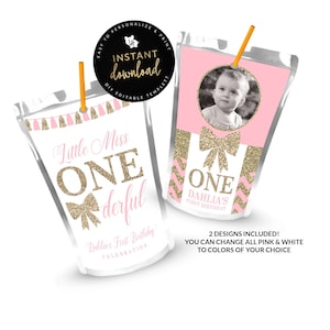 Little Miss Onederful Juice Pouch Labels, First Birthday Juice Label, Juice Labels, Printable Juice Pouch Labels, Instant download Templett