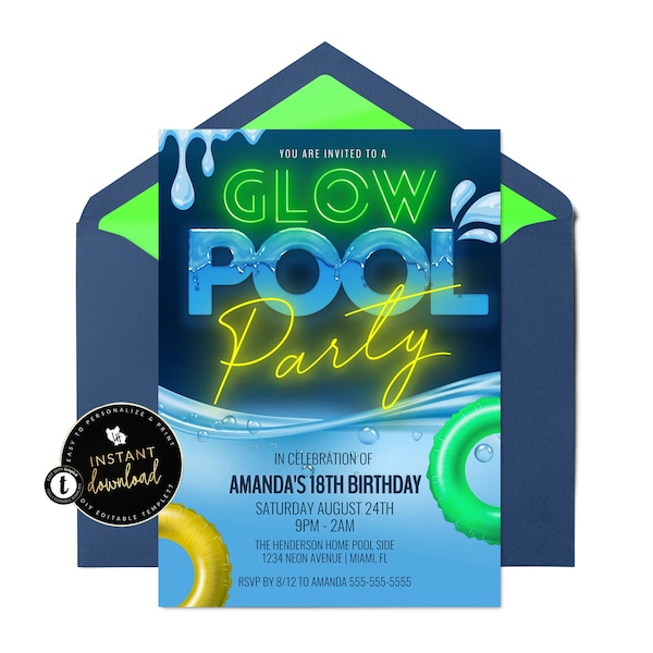 Glow Pool Party Invitation, Pool Party Invite, Night Pool Party, Glow Pool Birthday, Birthday Pool Party, Instant Download, Templett Invite