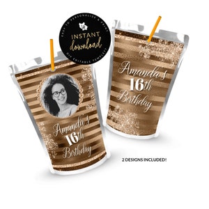 Bronze Juice Pouch Labels, Bronze Juice Label, Juice Label, Bronze Glam Party, Bronze Party, Bronze Birthday, Instant Digital Templett
