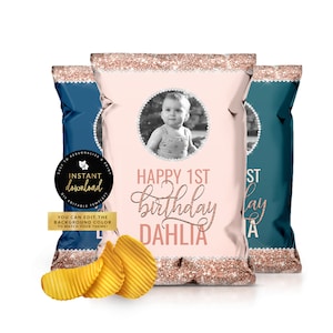 Rose Gold Chip Bag, Rose Gold & Diamond Chip Bag, Rose Gold Snack Bag, Glitter Snack Bag, Glitter Chip Bag, Birthday Favor, Digital Templett