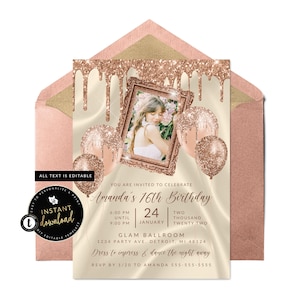 Cream and Rose Gold Invitation, Glam Birthday Invitation, Glitter Drip Invitation, Rose Gold Birthday, Instant Download, Templett Invite