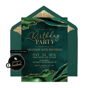 Emerald Green and Gold Invitation, Emerald Green Invitation, Green and Gold Agate Invite, Instant Download, Self Edit Digital Templett
