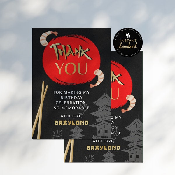 Hibachi Thank You Card, Hibachi Birthday, Japanese Thank You Card, 4x6 Thank You Card, Instant Download, Templett Invite