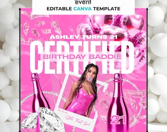 Pink Birthday Baddie Backdrop Canva Template | Luxury Money Party Banner (Digital Download)