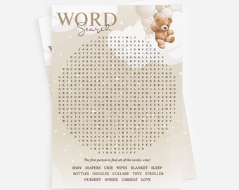 Recherche de mots pour baby shower ours en peluche, jeu de bébé ours en peluche, jeu de baby shower, recherche de mots pour baby shower, jeu de baby shower imprimable instantané