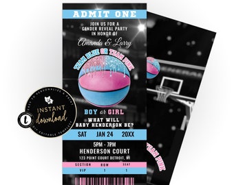 Basketball Gender Reveal Invitation, Basketball Gender Reveal Ticket Invitation, Gender Reveal Editable Templett, Gender Reveal Invite