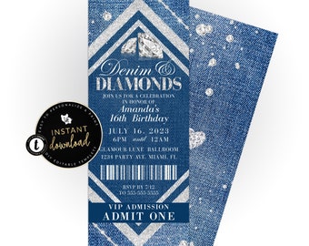 Denim and Diamonds Ticket Invitation, VIP Denim and Diamonds Ticket Invitation, Denim Birthday, Editable Templett, Gender Reveal Invite