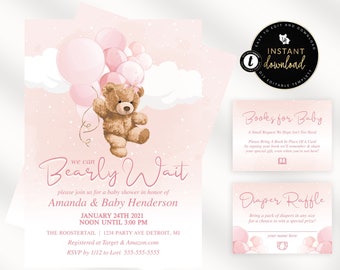 Pink Teddy Bear Baby Shower Invitation Suite, We can Bearly Wait, Bearly Wait Baby Shower Invitation, Editable Baby Shower Invitation Suite