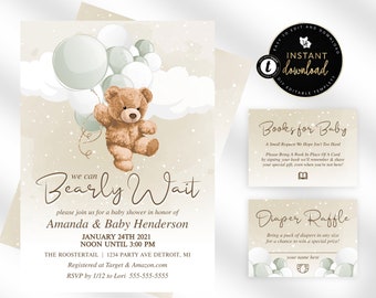 May include: A beige baby shower invitation with a teddy bear holding balloons. The invitation says "We can Bearly Wait" and includes the details for the shower. There are also two cards for a book and diaper raffle.