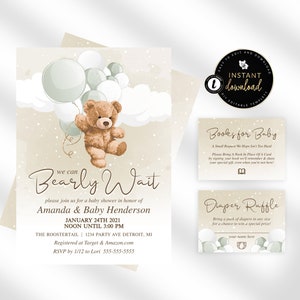 Teddy Bear Baby Shower Invitation Suite, We can Bearly Wait, Bear with Sage Balloons Baby Shower Invitation , Editable Baby Shower Suite