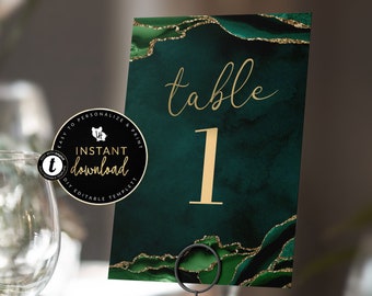 Editable Table Numbers, Emerald Green and Gold Agate, 4x6 Templett Table Numbers, Instant Download, Templett Invite