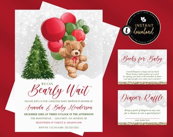 May include: A white invitation with a red and green color scheme for a baby shower. The invitation features a teddy bear holding balloons and a Christmas tree. The text on the invitation reads "We can Bearly Wait" and includes the names "Amanda & Baby Henderson".