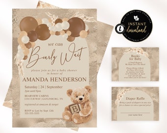 Pampas Grass Teddy Bear Baby Shower Invitation Suite, We can Bearly Wait, Neutral Teddy Bear Baby Shower, Editable Baby Shower Templett