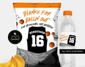 Basketball Chip Bag, Basketball Water Label, Basketball Water Label and Chip Bag Bundle, Basketball Editable Download, Templett