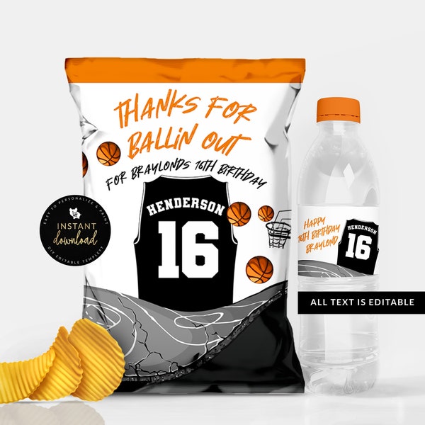 Basketball Chip Bag, Basketball Water Label, Basketball Water Label and Chip Bag Bundle, Basketball Editable Download, Templett