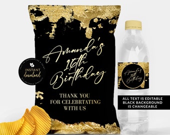 Faux Gold Foil Chip Bag & Water Label Bundle, Gold Chip Bag, Birthday Chip Bag, Printable Chips, Printables, Editable Download, Templett