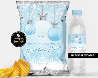 Blue Christmas Chip Bag and Water Label, Blue Holiday Printable, Holiday Snack Bag Template, Christmas Chip Bag Templett