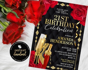 Womens Red and Gold Birthday Invitation, Red and Gold Invite, High Heels Invitation, Glamorous Birthday, Instant Self Edit Digital Templett