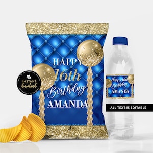 Blue and Gold Chip Bag, Blue and Gold Water Label, Blue and Gold Birthday, Blue and Gold Party Printables, Editable Download, Templett