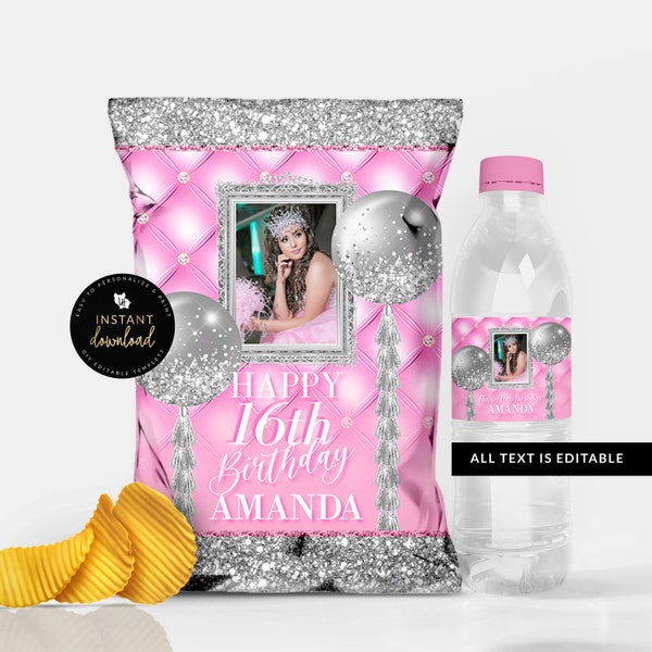 Pink and Silver Chip Bag, Pink and Silver Water Label, Pink Birthday Bundle, Pink Party Printables, Editable Download, Prom Chips, Templett