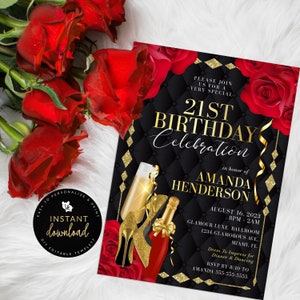 Womens Red and Gold Birthday Invitation, Red and Gold Invite, High Heels Invitation, Glamorous Birthday, Instant Self Edit Digital Templett