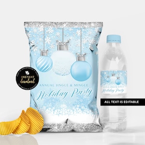 Sac de chips bleu Noël et étiquette d&#39;eau, bleu vacances imprimable, modèle de sac à collation de vacances, sac de chips de Noël Templett