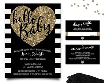 Baby Shower Invitations, Hello Baby Invitation, Black and Gold Baby Shower Invitation Set, Gold Glitter Baby Shower, Printable Invitation