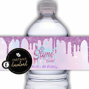 Glitter Slime Party Water Bottle Label, Slime Water Bottle Labels, Slime Party Printable, Printable Water Labels, Instant download Templett