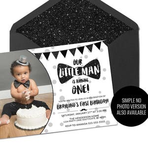 Little Man Black Faux Glitter-Geburtstagseinladung, Little Man-Geburtstagseinladung, Little Man Geburtstag, druckbare Geburtstagseinladung