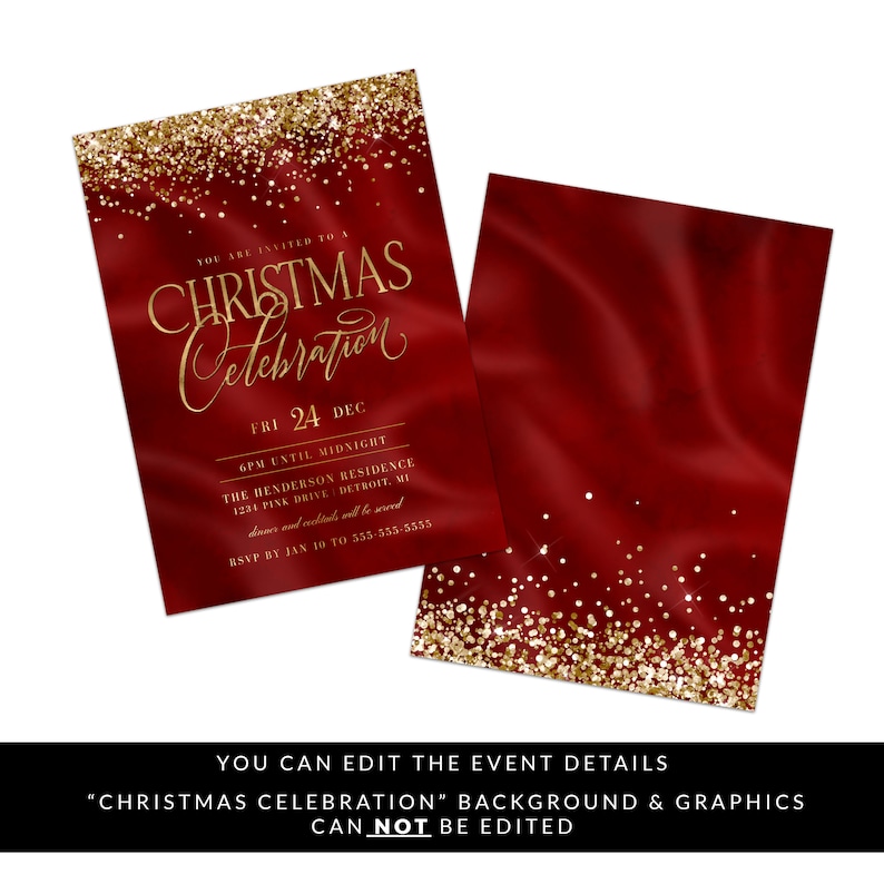 Elegant Red and Gold Christmas Party Invitation, Red Christmas Party Invite, Elegant Christmas Invitation, Xmas Digital Printable Templett image 2