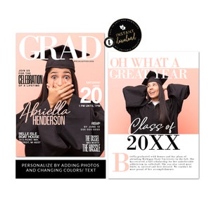 May include: A pink and black graduation announcement with a photo of a woman in a cap and gown. The text reads "Grad" and "Oh What a Great Year!" with the year "20XX" in large black font. The announcement is personalized with the graduate's name, "Abriella Henderson", and the date of the celebration, "Saturday June 20".