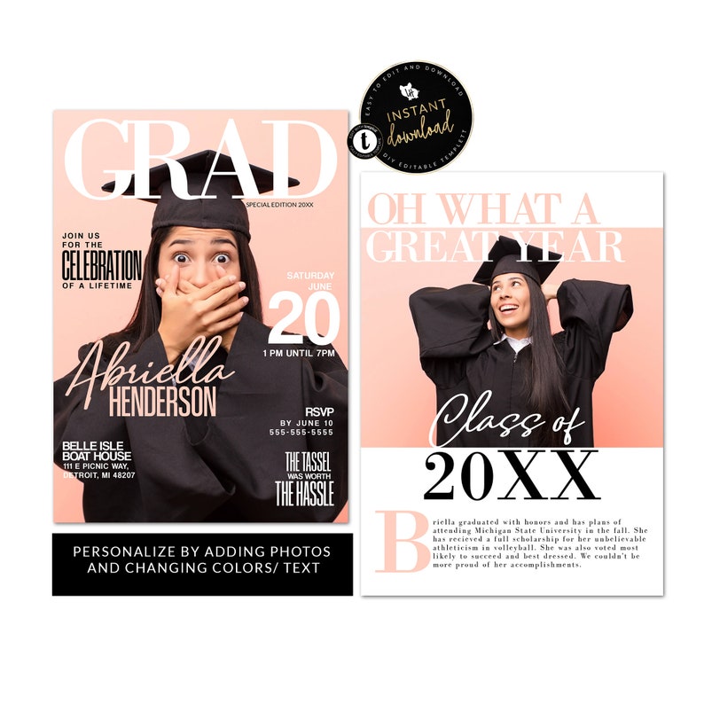 May include: A pink and black graduation announcement with a photo of a woman in a cap and gown. The text reads "Grad" and "Oh What a Great Year!" with the year "20XX" in large black font. The announcement is personalized with the graduate's name, "Abriella Henderson", and the date of the celebration, "Saturday June 20".